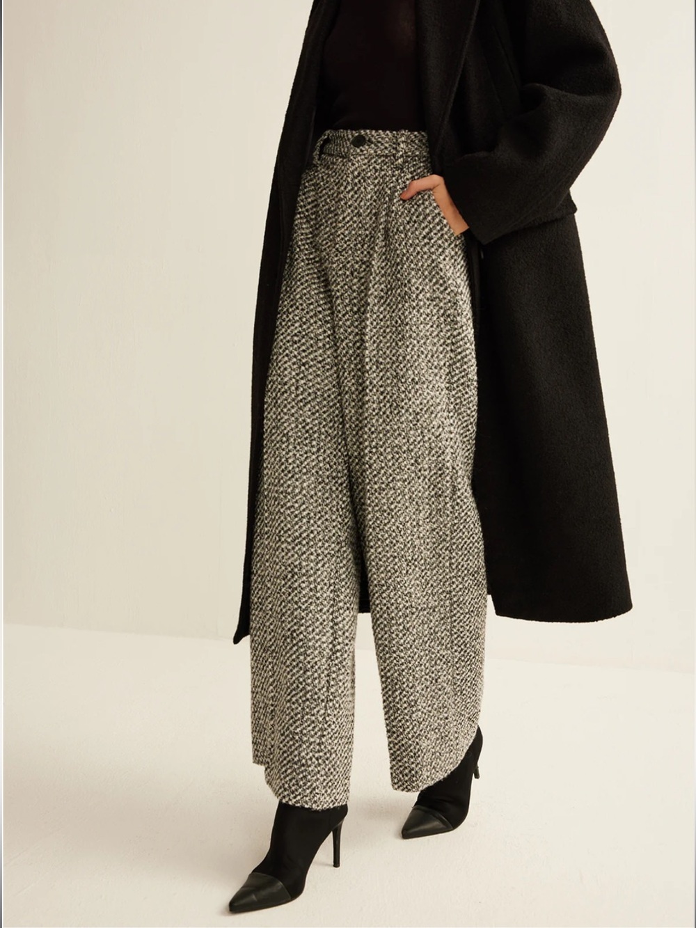 Commense Black & White Wide-Leg Tweed Pants